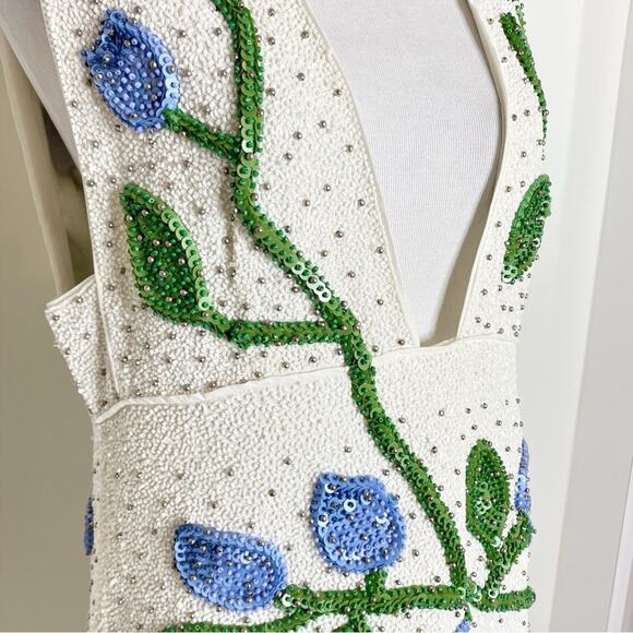 NWT Ganni Orsay Embellished Chiffon Mini Dress White Blue US 8/10 - Picture 6 of 9